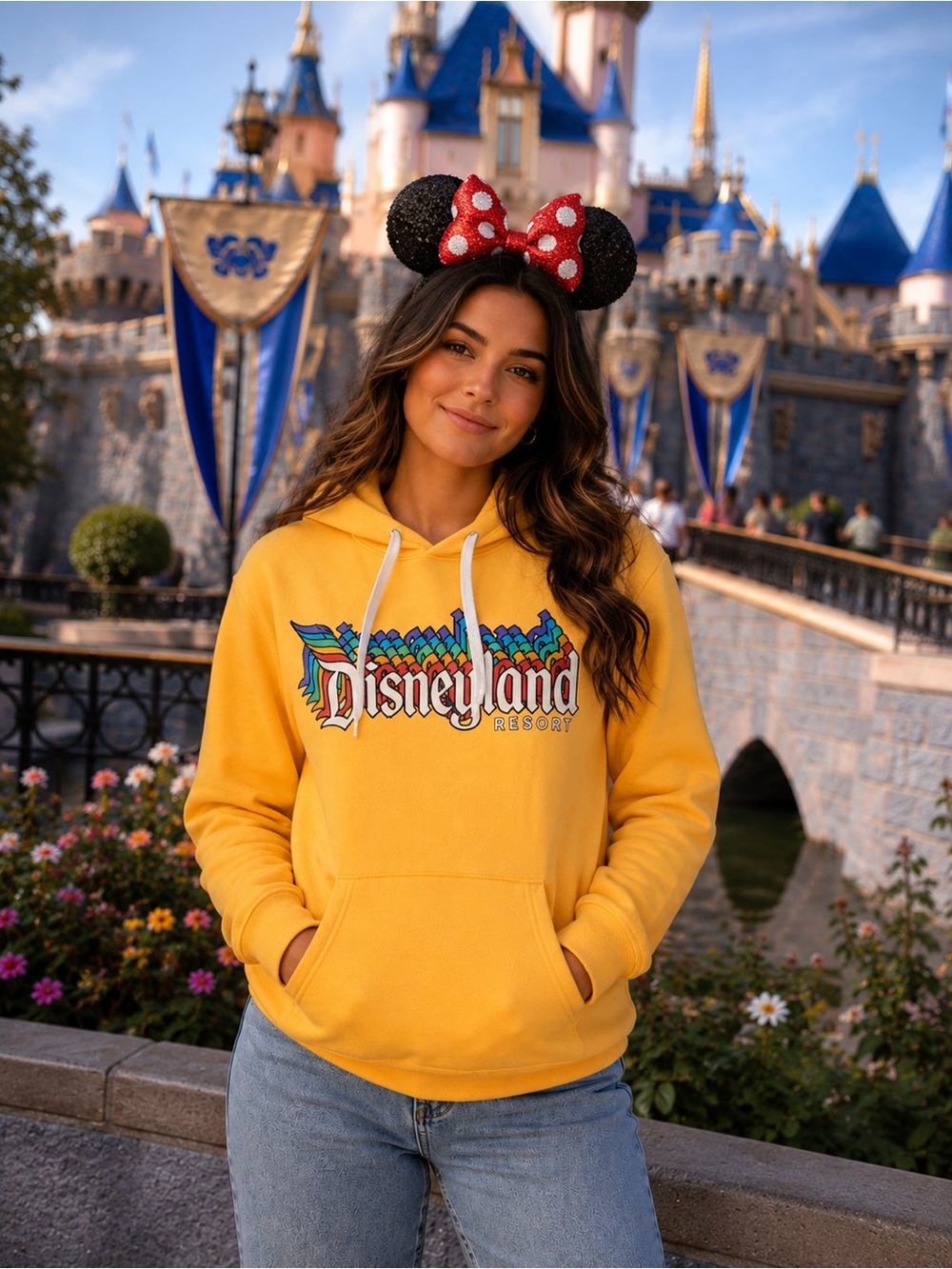 Disney Parks Disneyland Resort yellow Retro Rainbow Stack Logo Hoodie S NWOT